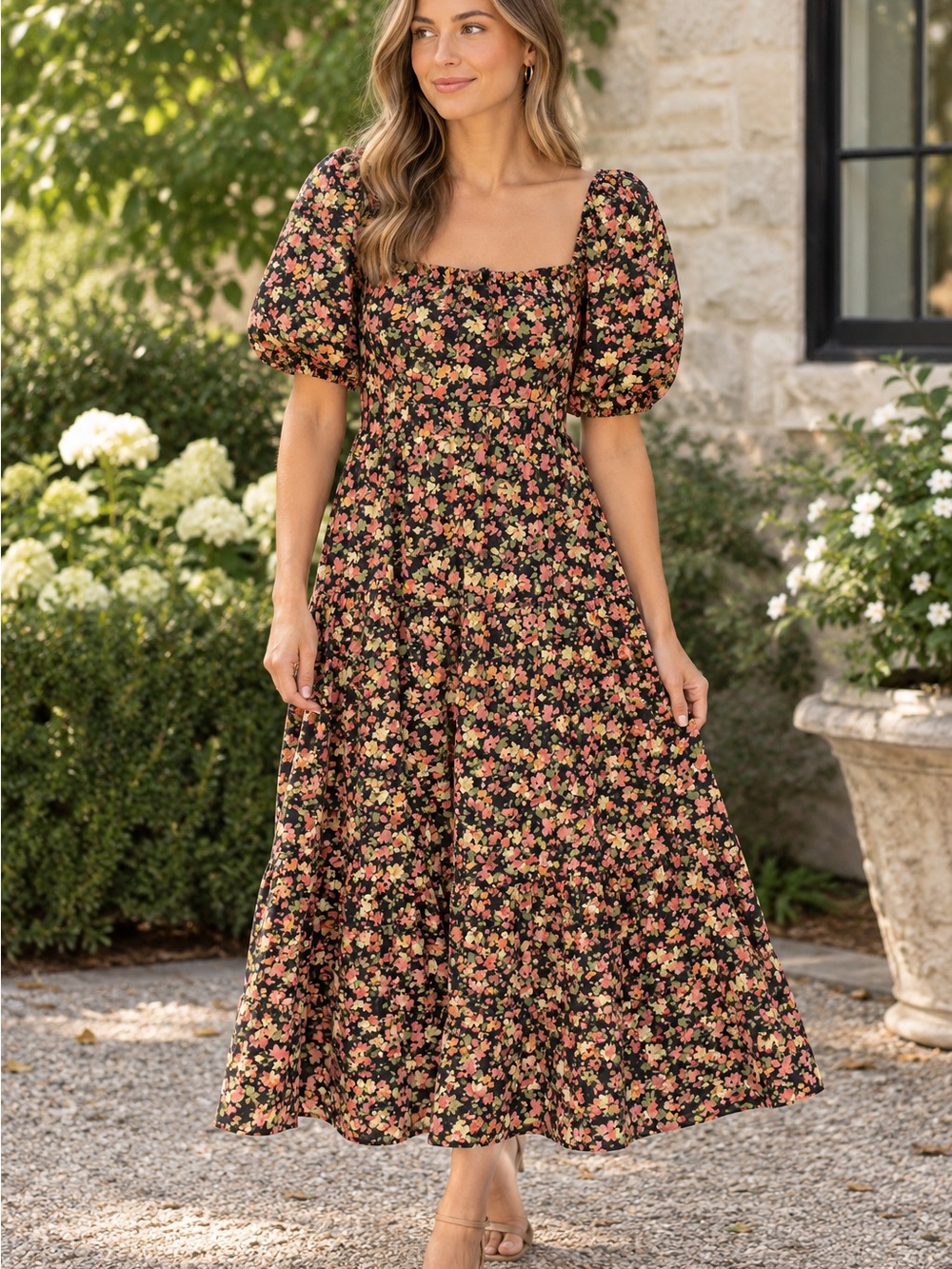 Square-Neck Puff-Sleeve Floral Maxi Dress in Black and Pink
